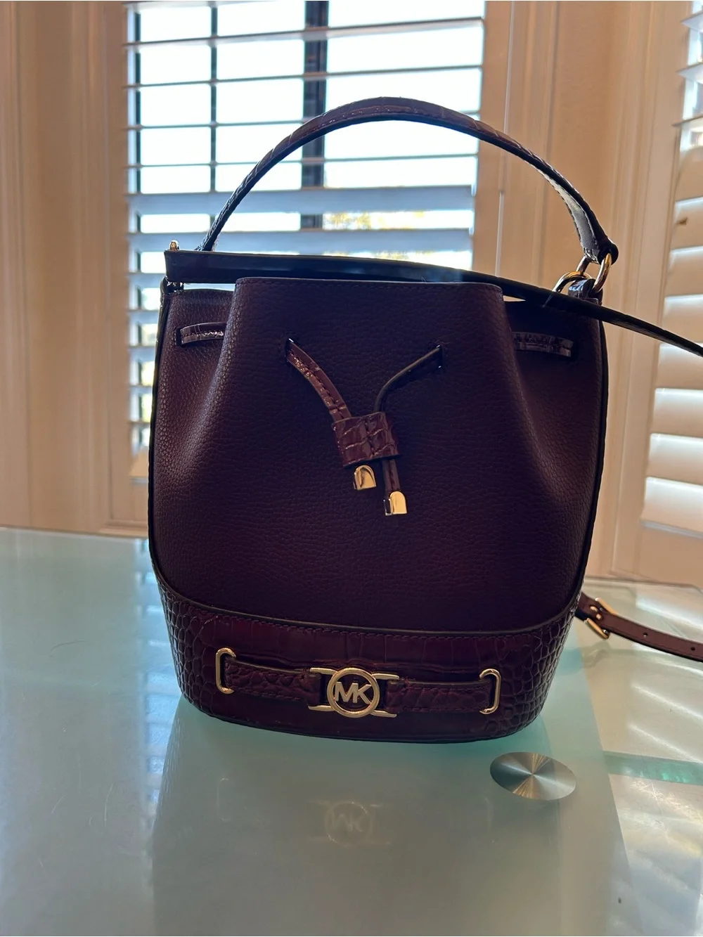 Michael Kors Croc-Trim Wine Leather Drawstring Crossbody